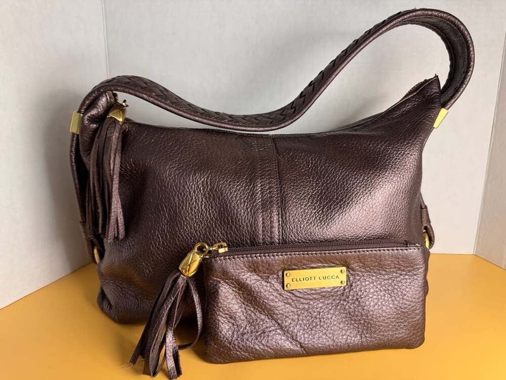Elliott Lucca Metallic Bronze Leather Hobo Shoulder Bag with Tassels and Pouch